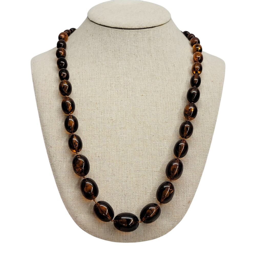 Vintage Faux Tortoiseshell Amber Lucite Graduated Bead Necklace Knotted